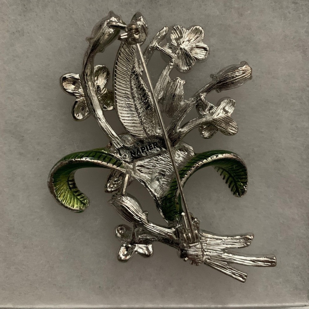 Napier Vintage Floral Bouquet Brooch Silver Tone Green Enamel Flower Pin #700 - Picture 3 of 4